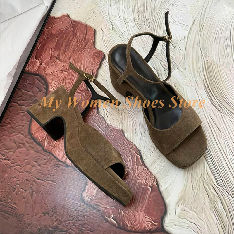 Women Shoes Black - Chunky Heel Square Toe Suede Sandals