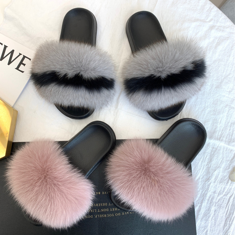 Real Fur Slides Summer Fox Fur – Women'S Shoes Navy Blue Bewertung und Preis